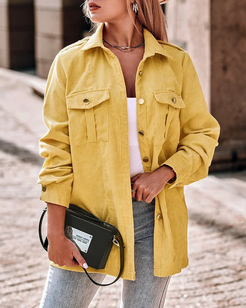 MODISCHE GELBE CORDJACKE FÜR DAMEN MIT KNOPFVERSCHLUSS