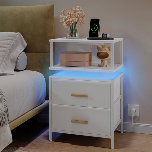 Haruka Nachttisch mit RGB-Leuchten und Ladestation und 2 Schubladen | Shiraki