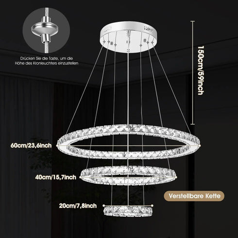 Ingrid K9 Kristall Pendelleuchte 3-Ring Dimmbar | Shiraki