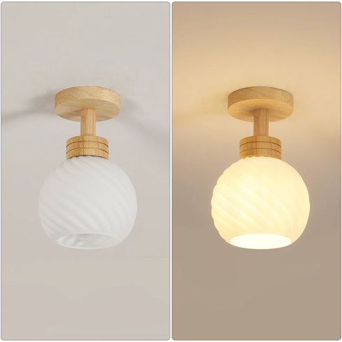 Loke Runde LED Deckenleuchte E27 Holz-Glas | Shiraki
