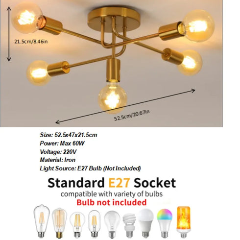 Delphine Retro Industrielle Deckenleuchte Gold 5 Lichter | Shiraki