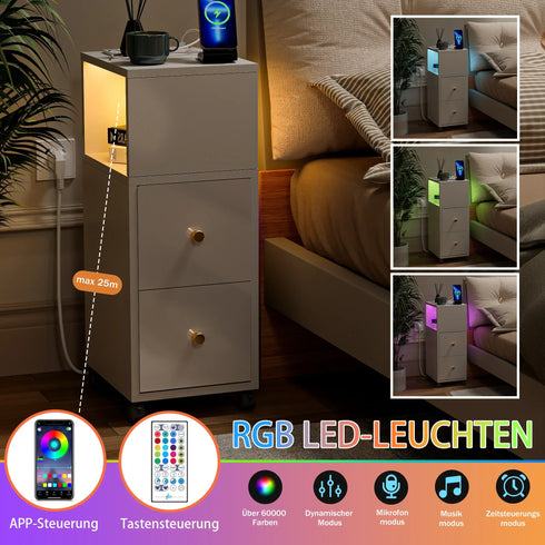 Iori Nachttisch mit Licht 2AC 2USB Ladestation Bluetooth-Lichtstreifen | Shiraki