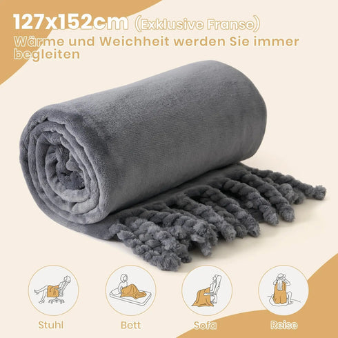 Elin weiche Flanell-Fleecedecke mit Fransen Grau 127×152 cm | Shiraki