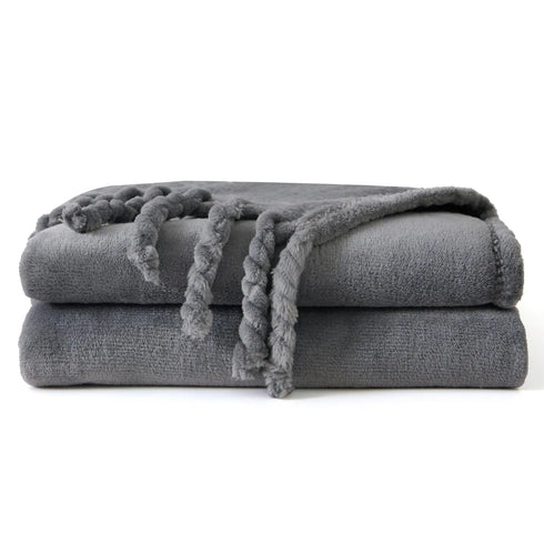 Elin weiche Flanell-Fleecedecke mit Fransen Grau 127×152 cm | Shiraki