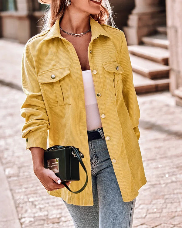 MODISCHE GELBE CORDJACKE FÜR DAMEN MIT KNOPFVERSCHLUSS