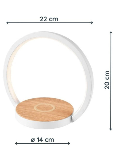 Calantha LED Tischleuchte mit QI-Ladefläche weiß holzfarben | Shiraki