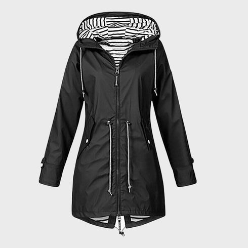 LANGÄRMLIGE REGENJACKE FÜR DAMEN MIT KAPUZE MODERNE LANGE PASSFORM