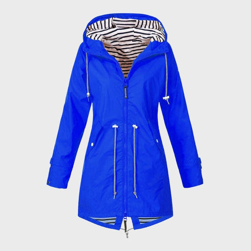 LANGÄRMLIGE REGENJACKE FÜR DAMEN MIT KAPUZE MODERNE LANGE PASSFORM