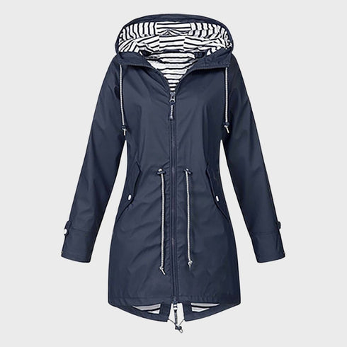 LANGÄRMLIGE REGENJACKE FÜR DAMEN MIT KAPUZE MODERNE LANGE PASSFORM