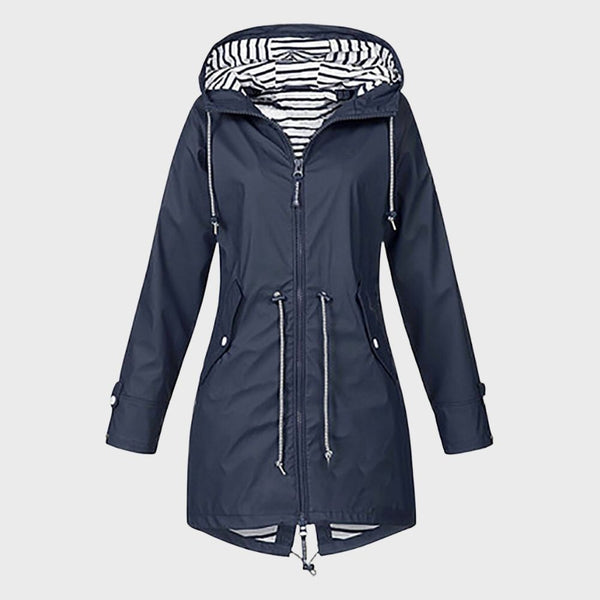 LANGÄRMLIGE REGENJACKE FÜR DAMEN MIT KAPUZE MODERNE LANGE PASSFORM