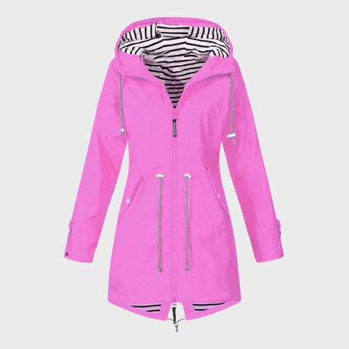 LANGÄRMLIGE REGENJACKE FÜR DAMEN MIT KAPUZE MODERNE LANGE PASSFORM
