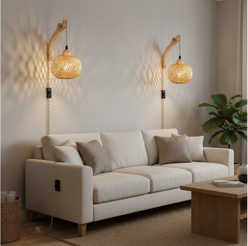 Freya Vintage Wandleuchte Rattan & Holz E27 | Shiraki