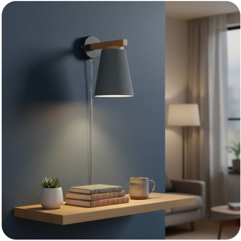 Alva Wandleuchte Grau Holz Skandinavisch E27 mit Schalter | Shiraki