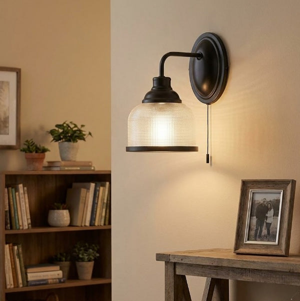 Emilia Wandleuchte Schwarz E27 Glas Metall Nachtlicht | Shiraki