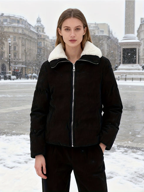 Winter Damenjacke Corduroy mit Lammfellkragen – Kurz & stylisch
