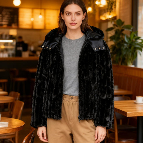 Fluffy Wintermantel Damen mit Kapuze | Fleece-Look & Eleganz