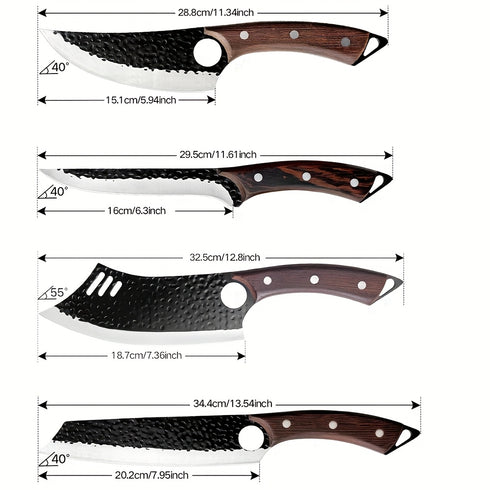 Takuro 4‑Klingen Profi-Messer-Set – Fleisch-, Gemüse- & Outdoor-Messer mit Holzgriff