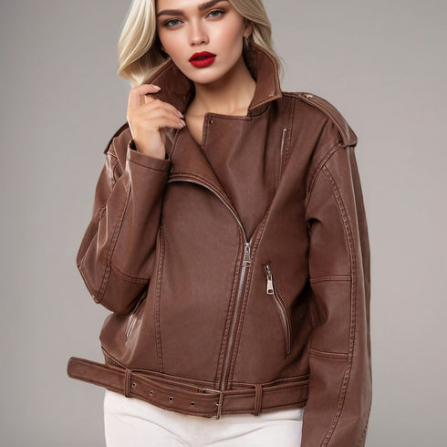 DAMEN KURZARM BIKERJACKE – PU-LEDER MIT GÜRTEL