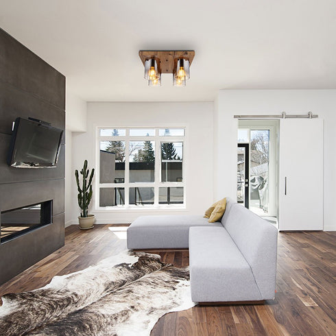 Liv LED Deckenleuchte im Holz-Look mit geräuchertem Glas | 4-Arm-Design