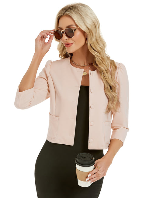 Damen 3⁄4-Ärmel Jacke | Open-Front Blazer mit Knopfdetail