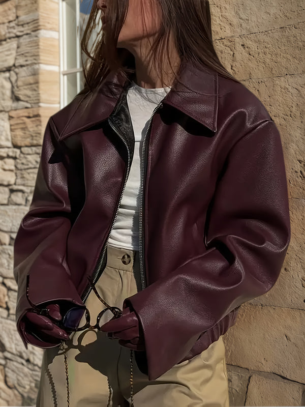 Burgunderrote Damen Motorradjacke | Retro Biker Style mit Reißverschluss