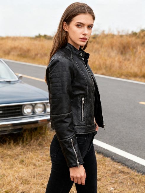 Retro Bikerjacke Damen | kurzer Schnitt mit Stehkragen & Zippern