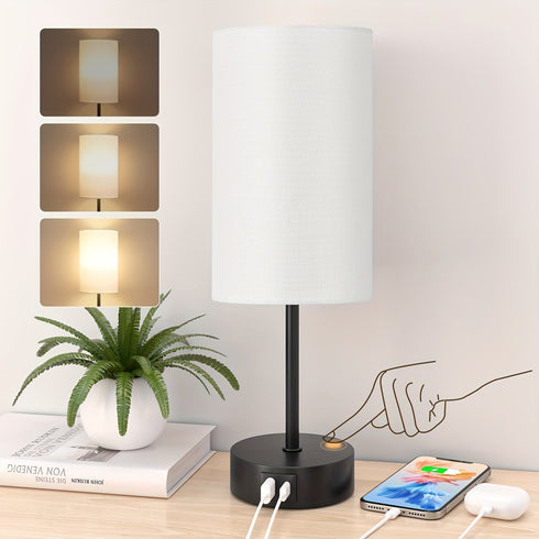 Miyato | LED Nachttischlampe Touch-dimmbar mit USB & Leinen-Schirm