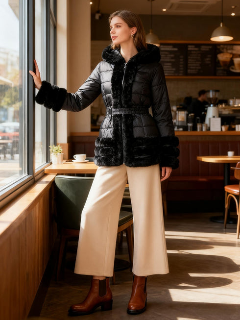 Wintermantel Damen mit Kapuze & Taillenzug – elegant & warm