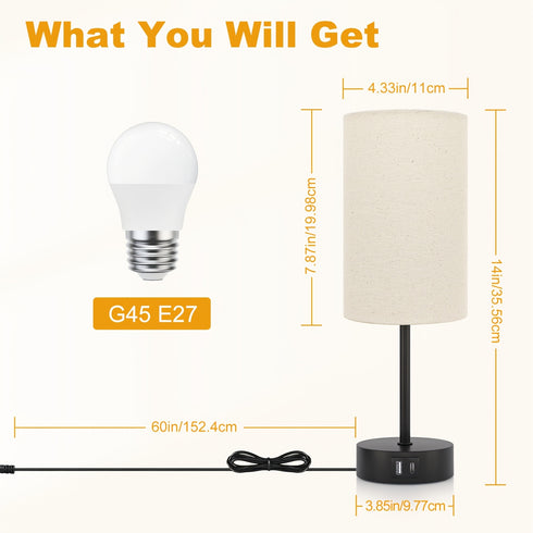 Miyato | LED Nachttischlampe Touch-dimmbar mit USB & Leinen-Schirm