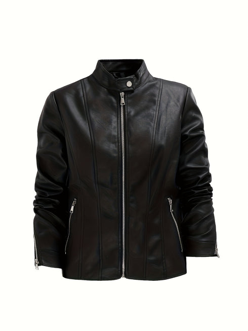 Damen Slim-Fit Bikerjacke Schwarz | Kurze Motorradjacke mit Reißverschluss & Kragen