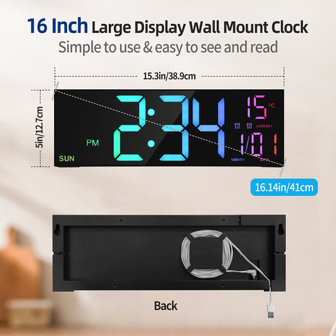 Tomori LED-Digitaluhr 41 cm – USB, RGB-Farben, Dual-Alarm & Fernbedienung