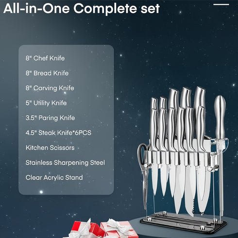 14-teiliges Küchenmesser-Set | Edelstahl Acryl-Messerschublade | superscharf & einteiliges Design