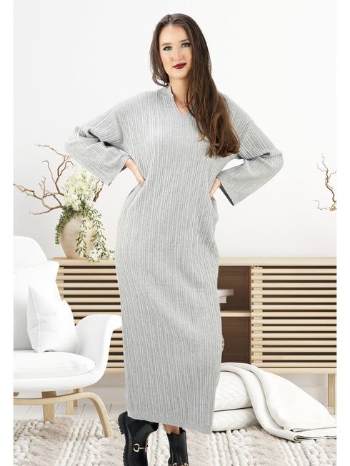 Rippstrick Maxi WinterKleid Damen | V-Ausschnitt & Langarm