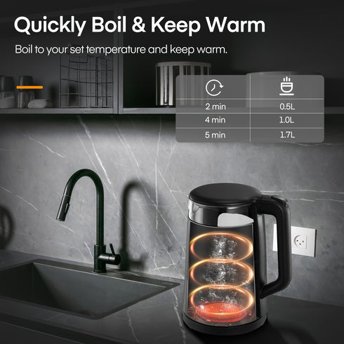 1,7L Glas Wasserkocher | 2200W, 5 Temperaturstufen Warmhaltefunktion Schnellkochend