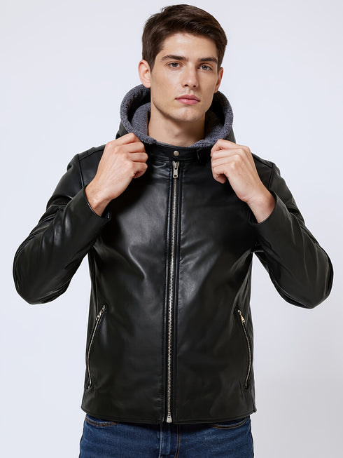 Raukor Herren Lederjacke mit Kapuze – matt schwarz Motorradstyle