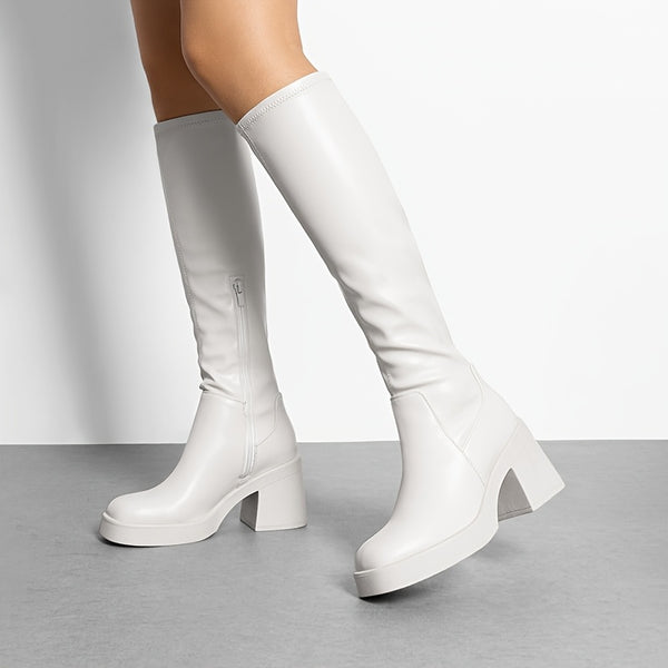 DAMEN-KNIESTIEFEL - BLOCKABSATZSTIEFEL IN UNI MIT SEITLICHEM REISSVERSCHLUSS