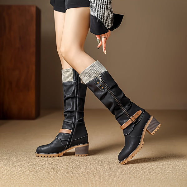 VINTAGE DAMEN-MID-CALF-STIEFEL MIT REISSVERSCHLUSS – KUNSTLEDER REITSTIEFEL