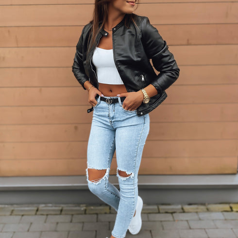 DAMEN KURZE BIKERJACKE AUS KUNSTLEDER | MIT STEHKRAGEN