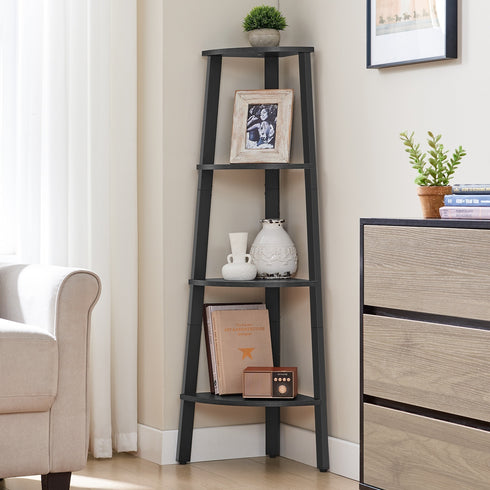 Eckregal "Tatsuki" – 4-stöckiges Bücherregal im Industrie-Design, Leiterregal aus Holz und Stahlrahmen, Standregal für Wohnzimmer, Büro oder Flur, platzsparend & robust