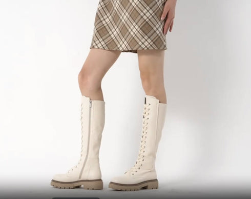 Valerina Damen Combat Kniestiefel mit dicker Plateausohle & Schnürung – PU-Obermaterial, Latex-Einlage & seitlichem Reißverschluss | Shiraki