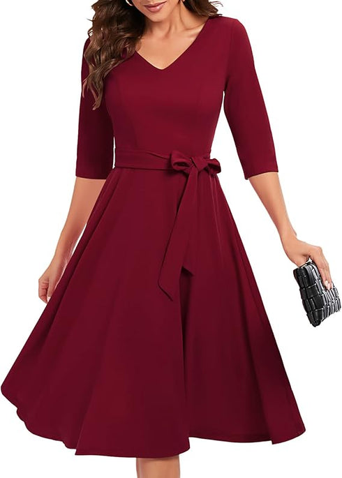 Mikasi Vintage Rockabilly Midi Kleid mit 3/4 Ärmeln und V-Ausschnitt für Hochzeiten und Cocktailpartys