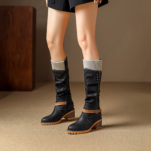 VINTAGE DAMEN-MID-CALF-STIEFEL MIT REISSVERSCHLUSS – KUNSTLEDER REITSTIEFEL