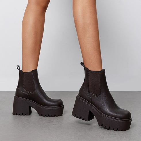 Damen-Slip-On-Stiefel mit klobiger Plateausohle | rutschfeste TPR-Sohle