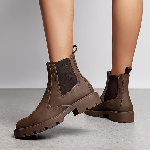 DAMEN SCHLUPFSTIEFEL MIT RUNDER SPITZE UND NIEDRIGEM ABSATZ – BEQUEME STIEFELETTEN