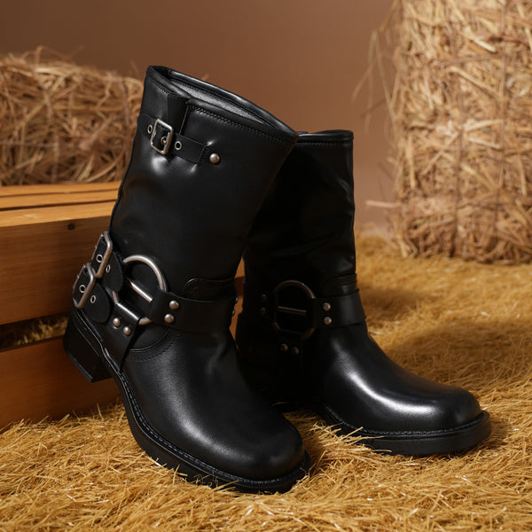 Damen Motorrad-Stiefeletten mit Quadratischer Zehenform und Schnallen