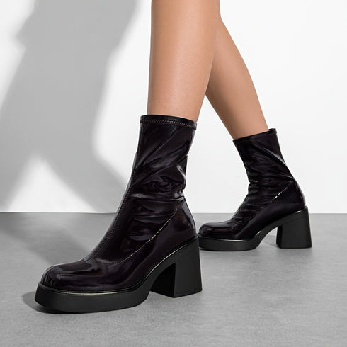 STILVOLLE DAMEN PLATEAU-STIEFELETTEN IN SCHWARZ - BEQUEMER BLOCKABSATZ MIT PROFILSOHLE