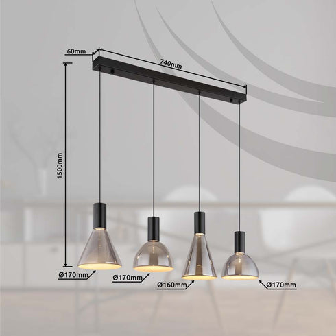Linnaea Moderne Hängelampe 4 Flammen geräuchertes Glas | Pendelleuchte