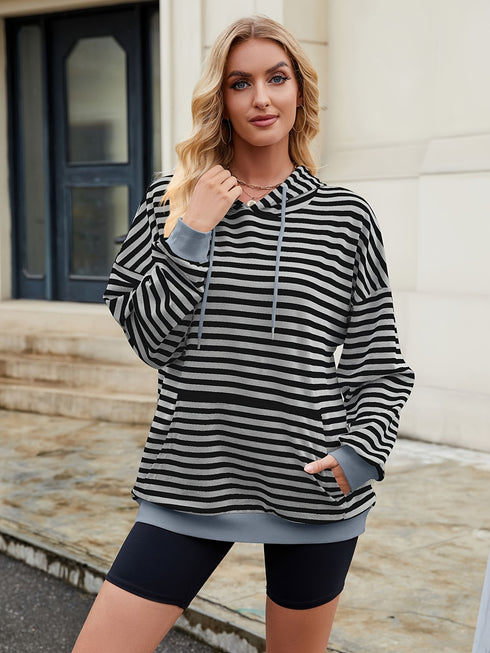 DAMEN PULLOVER – GESTREIFTER OVERSIZED KAPUZENPULLI LOCKERER SCHNITT