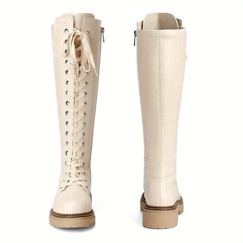 Valerina Damen Combat Kniestiefel mit dicker Plateausohle & Schnürung – PU-Obermaterial, Latex-Einlage & seitlichem Reißverschluss | Shiraki