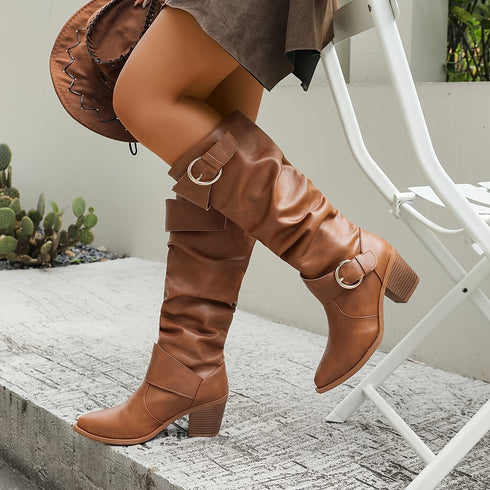 DAMEN WADENHOHE SLIP-ON WESTERN-STIEFEL MIT BLOCKABSATZ UND RUNDEM ZEH